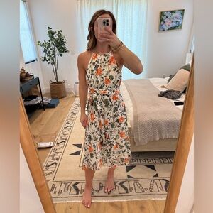 Club Monaco Orange and Green Pleated Tie Front Midi Dress